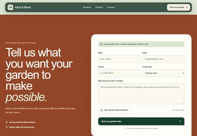 Kauri and Stone Enquire page preview