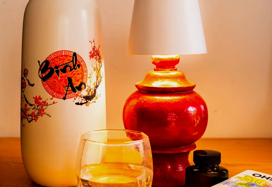 Decorative objects and lamp arranged on a table
