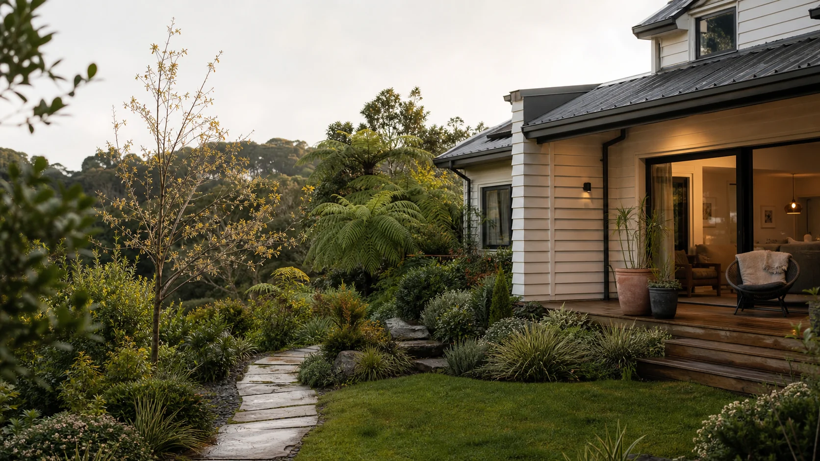 A layered native garden surrounding a welcoming Auckland home