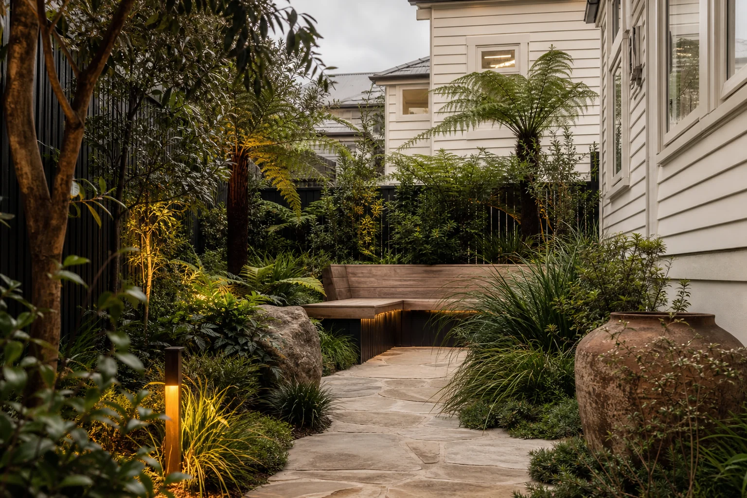 Native planting and stone paving in a compact Auckland courtyard