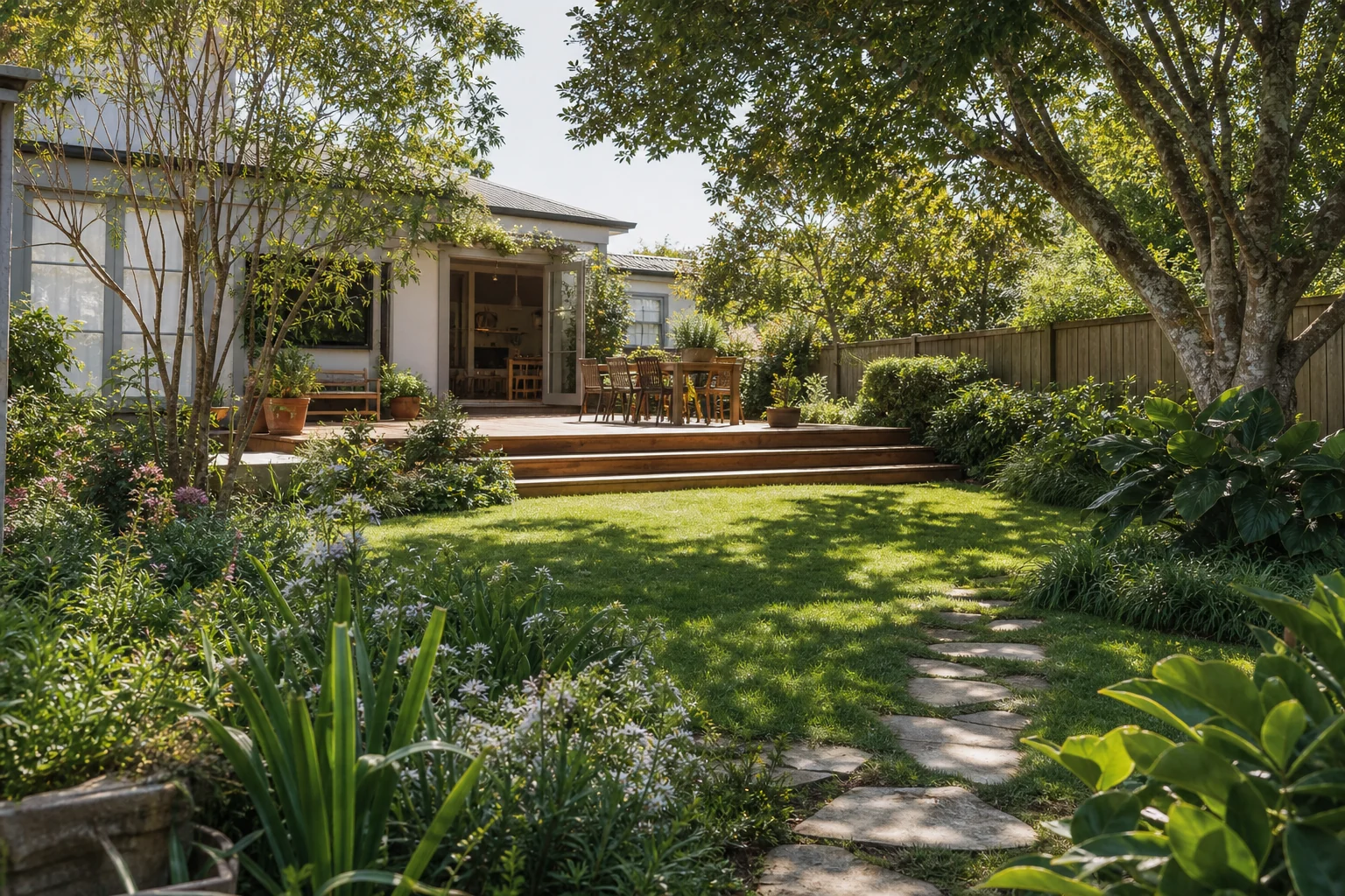 A family lawn framed by layered planting and a timber terrace