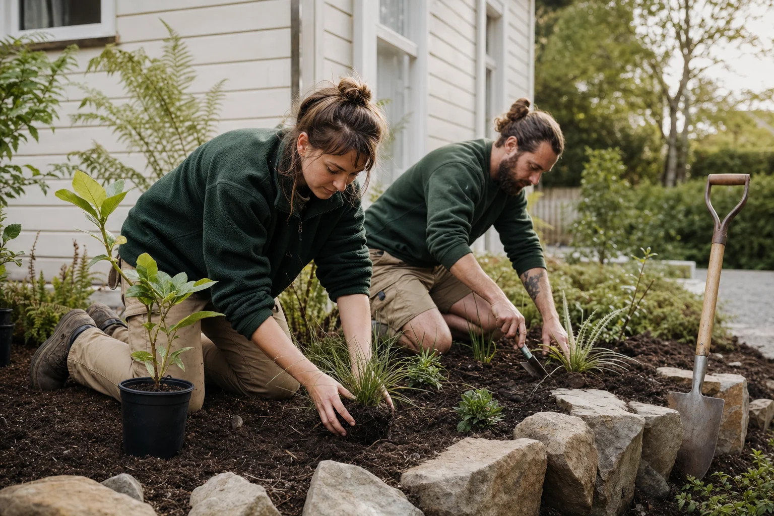 Two landscapers carefully planting native shrubs in a residential garden
